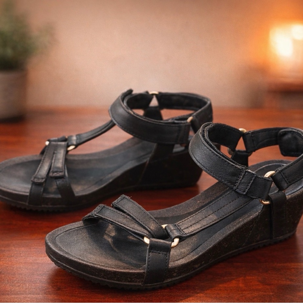 Teva Ysidro Black Leather Adjustable Strappy Wedge Sandals